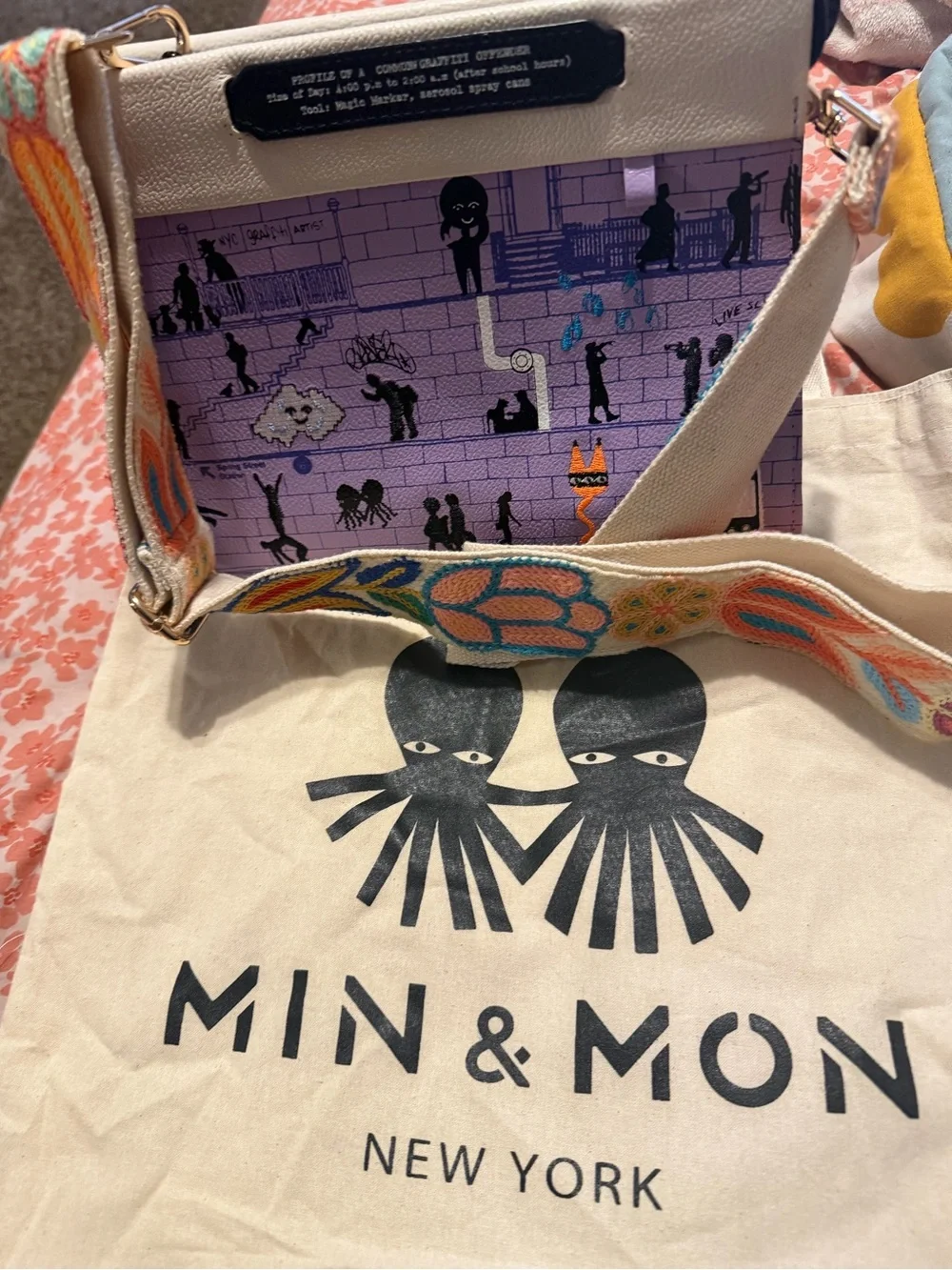 Min & Mon Lavender Illustrated Street-Art Crossbody Bag with Embroidered Strap